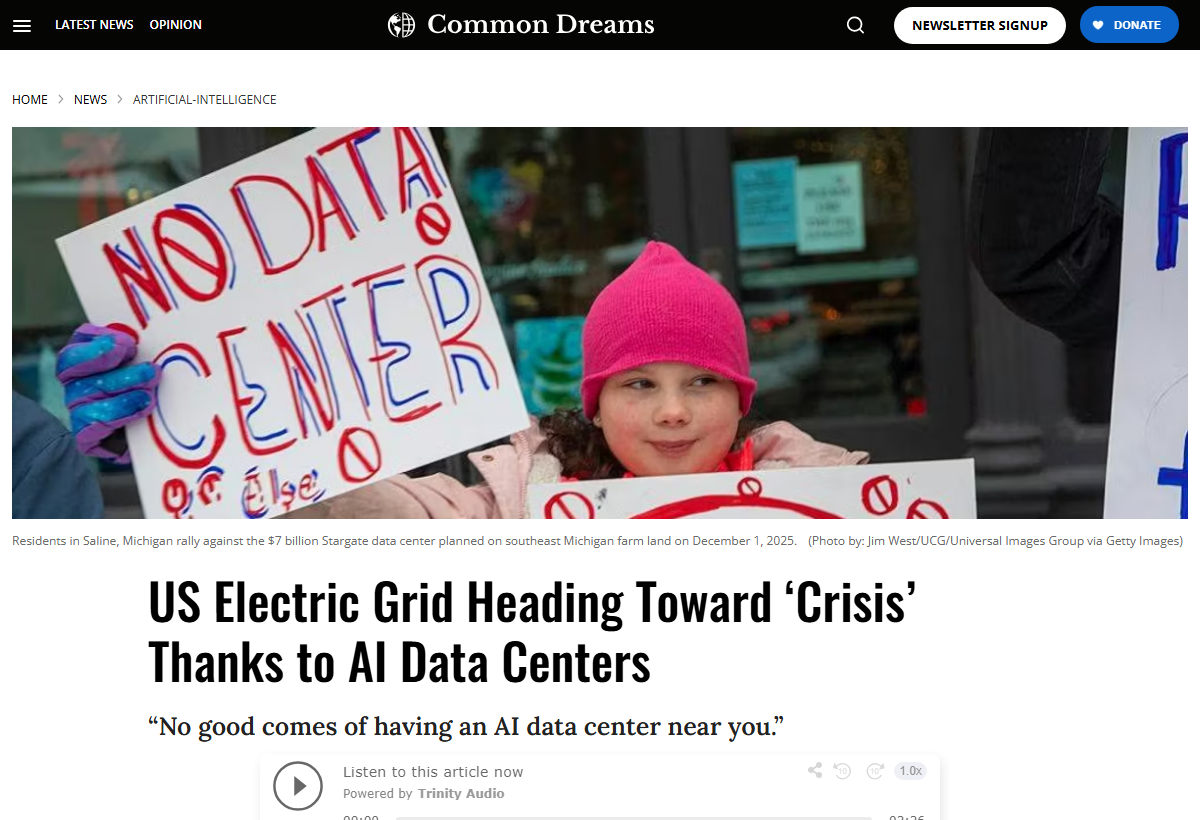 Common Dreams: US electric grid heading toward 'crisis' thanks to AI data centers.